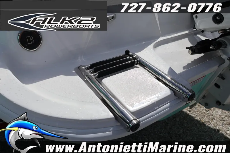 Slide: The Image of 2026 ALK2 Powerboats 22 CRS swim platform with ladder, featuring branding and contact details. - 16