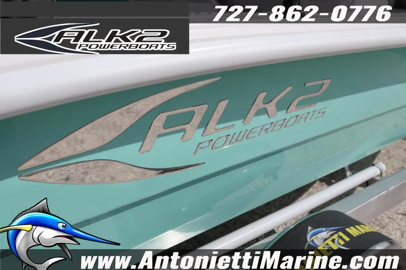 Slide: The Image of 2026 ALK2 Powerboats 22 CRS logo on turquoise boat with contact details. - 3