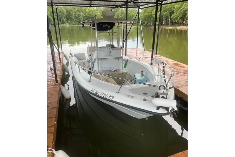 Slide: The Image of 2002 Triumph 210 CC boat docked on a serene lake under a covered structure. - 9