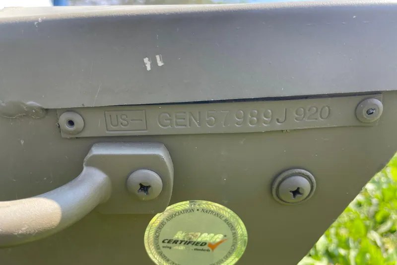 Slide: The Image of 2020 G3 Gator Tough 1036 boat hull identification number and certification sticker. - 8