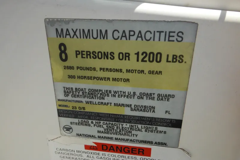 Slide: The Image of Label showing maximum capacity for Wellcraft 23 Excel boat, 8 persons or 1200 lbs. - 46