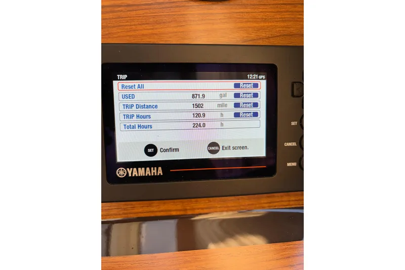 Slide: The Image of Yamaha display on 2021 Ranger Tugs R-27 showing trip data and fuel usage. - 4