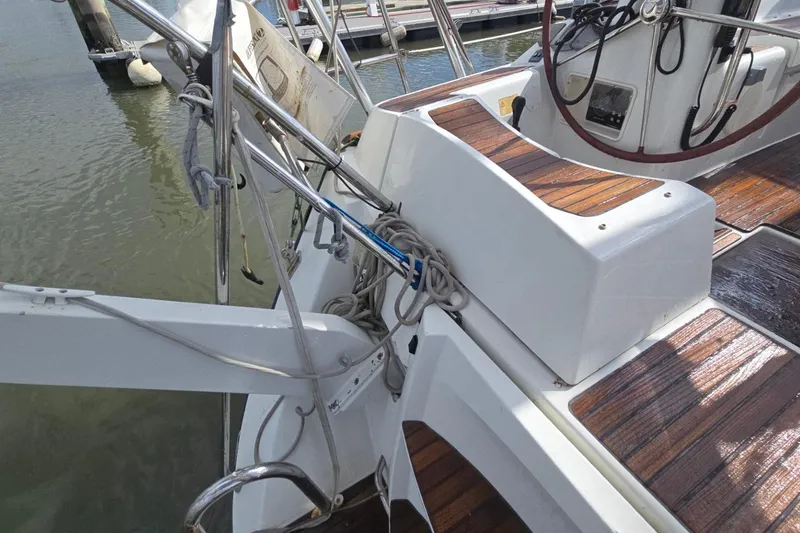Slide: The Image of Cockpit view of 2011 Jeanneau Sun Odyssey 50 DS sailboat with wooden deck details. - 36