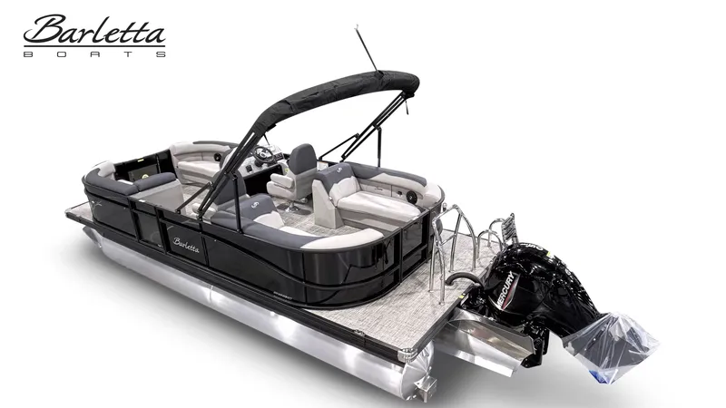 Slide: The Image of Barletta SANZA 22QC 2026 pontoon boat with luxurious design and outboard motor. - 2