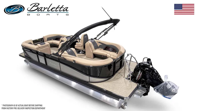 Slide: The Image of 2026 Barletta Cabrio 22QC pontoon boat with Mercury engine, luxurious design. - 23