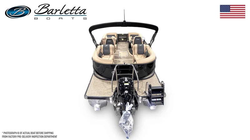 Slide: The Image of Barletta Cabrio 22QC 2026 pontoon boat with luxurious interior and outboard motor. - 24