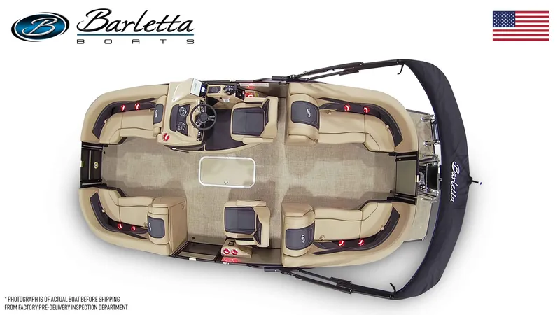 Slide: The Image of Aerial view of Barletta Cabrio 22QC pontoon boat, 2026 model. - 28