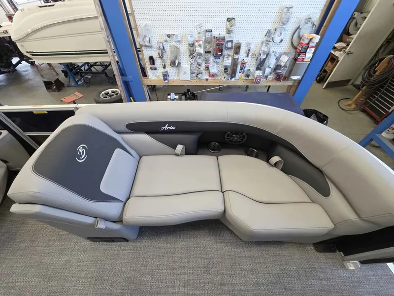 Slide: The Image of Barletta ARIA 20UC 2026 gray boat seating in showroom. - 15