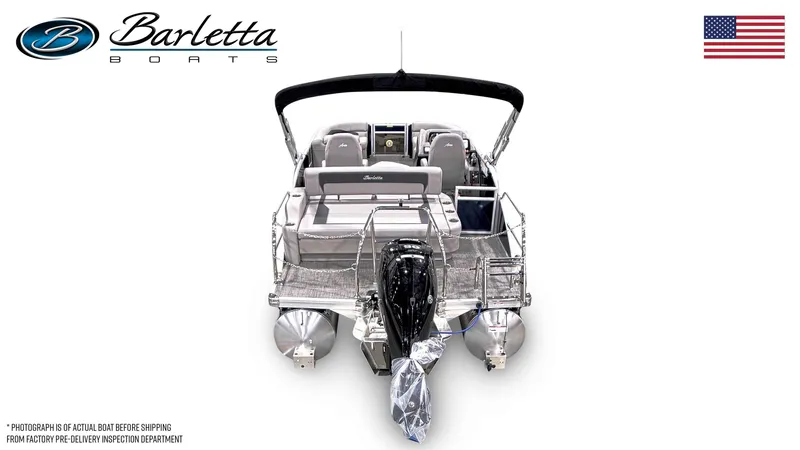 Slide: The Image of 2026 Barletta ARIA 20UC pontoon boat, rear view with motor and seating area. - 21