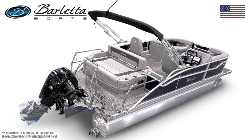Slide: The Image of 2026 Barletta ARIA 20UC pontoon boat with Mercury engine, USA flag. - 22