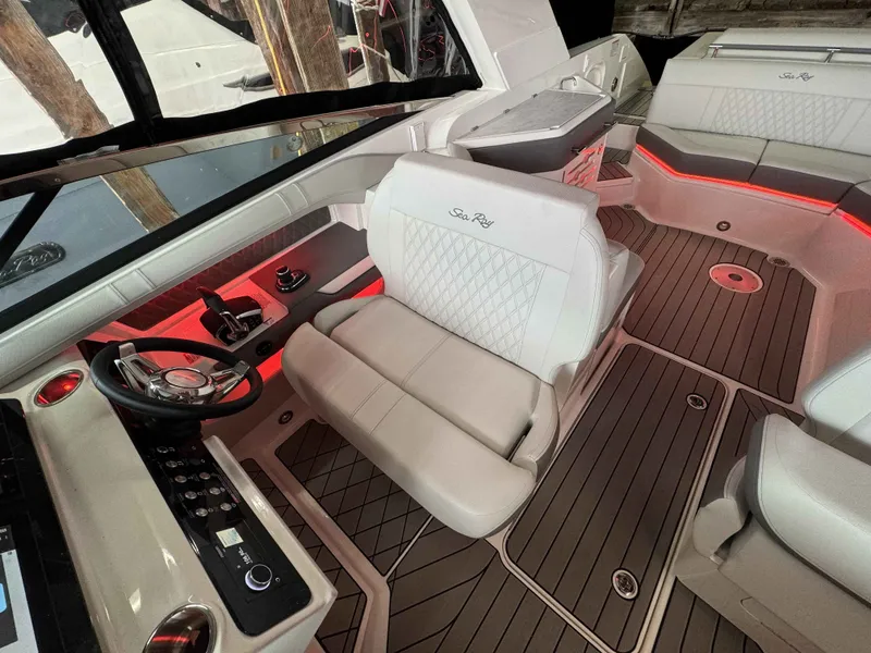 Slide: The Image of Interior of 2026 Sea Ray SLX 310 yacht with luxurious design. - 17