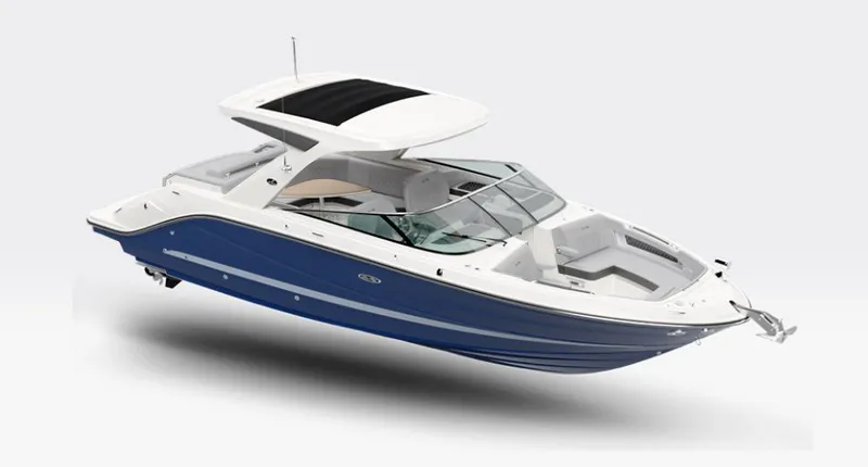 Slide: The Image of 2026 Sea Ray SLX 310 motorboat in blue and white. - 27