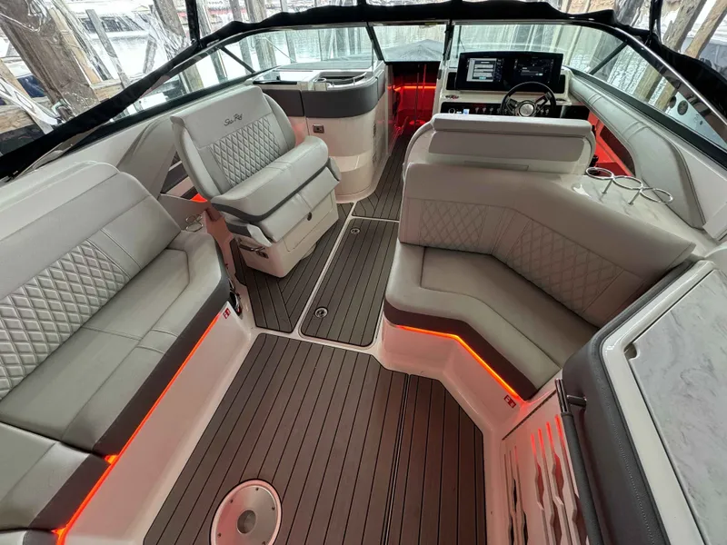 Slide: The Image of Interior of Sea Ray SLX 310 yacht, luxurious design, 2026 model. - 9