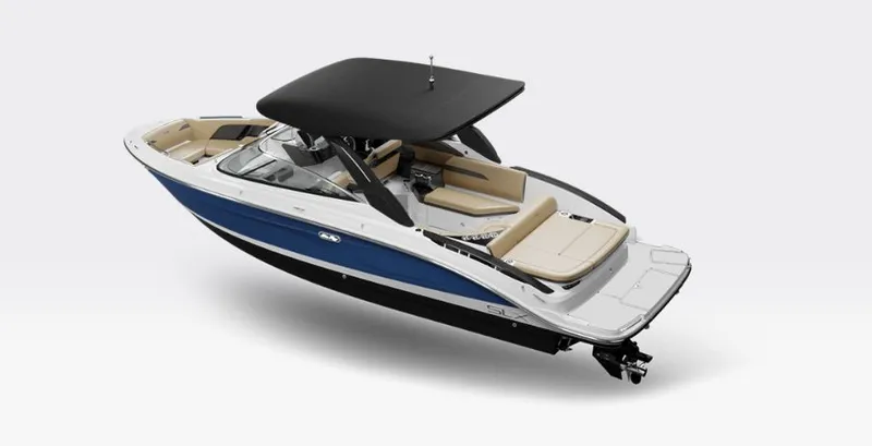 Slide: The Image of 2026 Sea Ray 280SLX boat with blue hull and black canopy. - 19