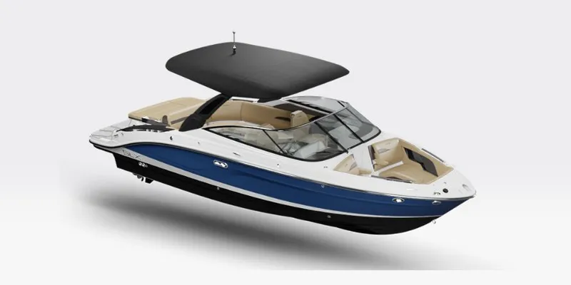 Slide: The Image of 2026 Sea Ray 280SLX boat with blue hull and black sunshade. - 20