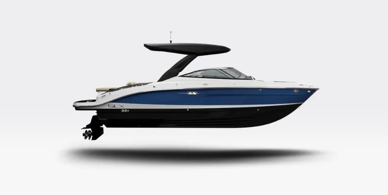 Slide: The Image of 2026 Sea Ray 280SLX boat, blue and white, side view. - 21