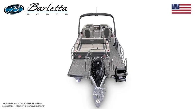 Slide: The Image of 2026 Barletta Corsa 23UC pontoon boat, rear view with seating area and motor. - 9
