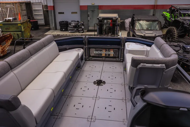 Slide: The Image of Interior view of 2026 Sea-Doo Switch Cruise 21 pontoon boat with spacious seating. - 13