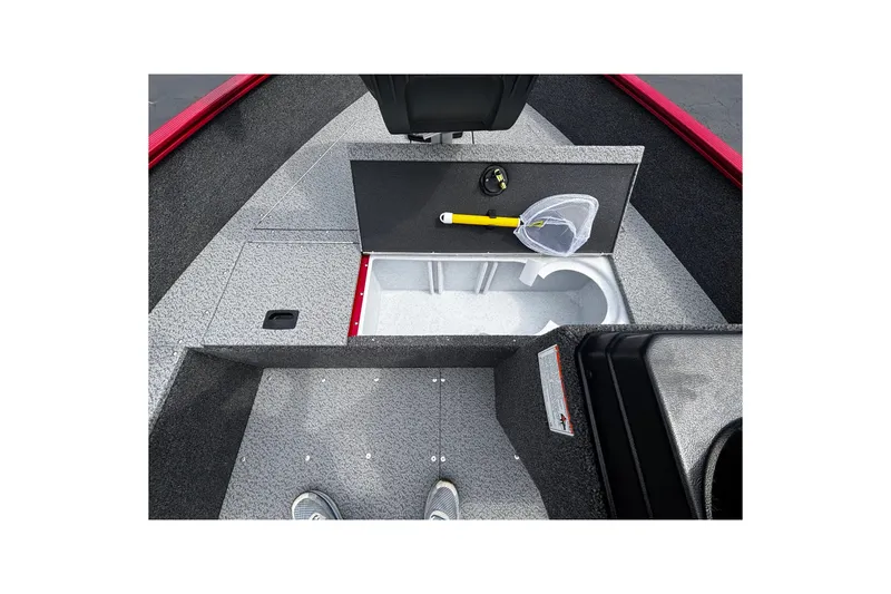 Slide: The Image of 2026 Lund 1650 Angler SS boat interior with storage compartment and fishing net. - 8