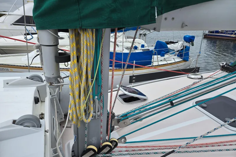 Slide: The Image of Sailboat deck with colorful ropes and rigging, Catalina 380, 1999 model. - 14