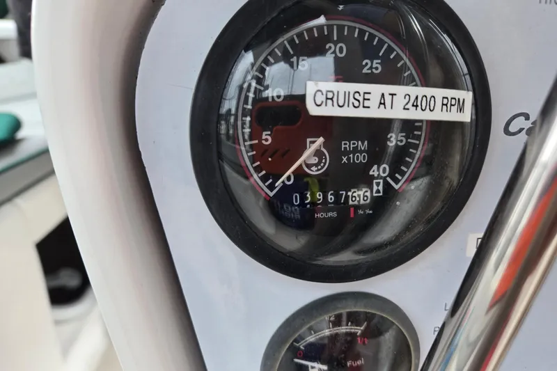 Slide: The Image of Close-up of a Catalina 380 tachometer, showing 2400 RPM cruise setting. - 50