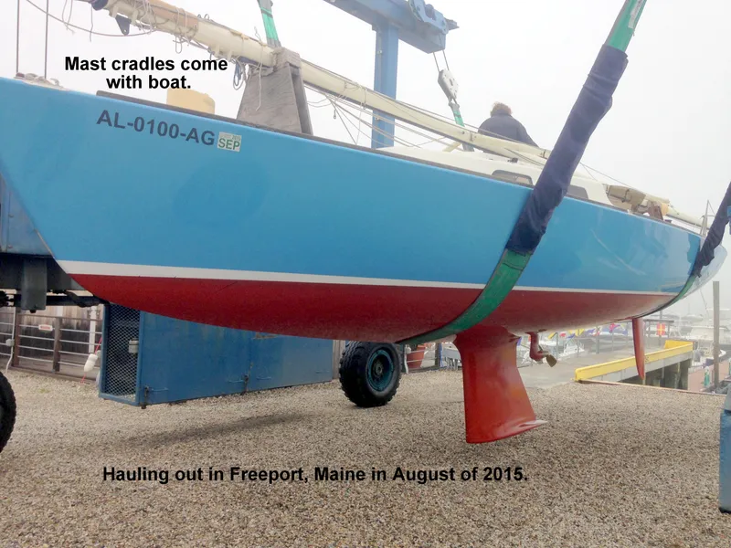 Slide: The Image of 2008 e33 sailing yacht being hauled out in Freeport, Maine, August 2015. - 17