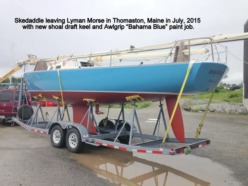 Slide: The Image of e33 sailing yacht on trailer, Bahama Blue paint, Thomaston, Maine, 2015. - 2