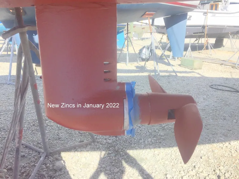 Slide: The Image of Rudder and propeller of e33 sailboat, new zincs January 2022. - 21