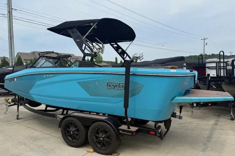 Slide: The Image of 2022 Heyday WT-2DC boat on trailer, blue, side view. - 2