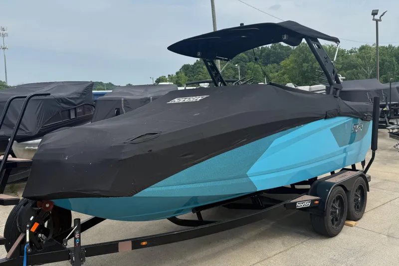 Slide: The Image of 2022 Heyday WT-2DC boat with cover on trailer. - 6