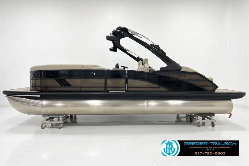 The Image of 2026 Bennington 24 MSB pontoon boat in showroom, side view, beige and black design. - 0