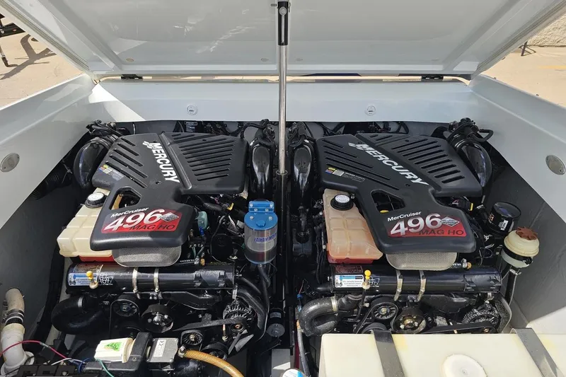 Slide: The Image of Twin Mercury MerCruiser 496 MAG HO engines in a 2006 Baja 35 Outlaw boat. - 81