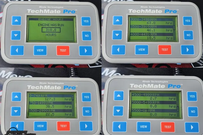 Slide: The Image of TechMate Pro displaying engine hours and RPM data for 2006 Baja 35 Outlaw. - 87