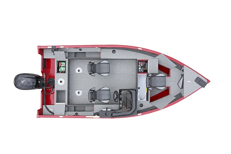 Slide: The Image of Manufacturer Provided Image: 2025 Lund 1650 Rebel XL SS boat, top view, red and gray interior, three seats, motor at rear. - 6
