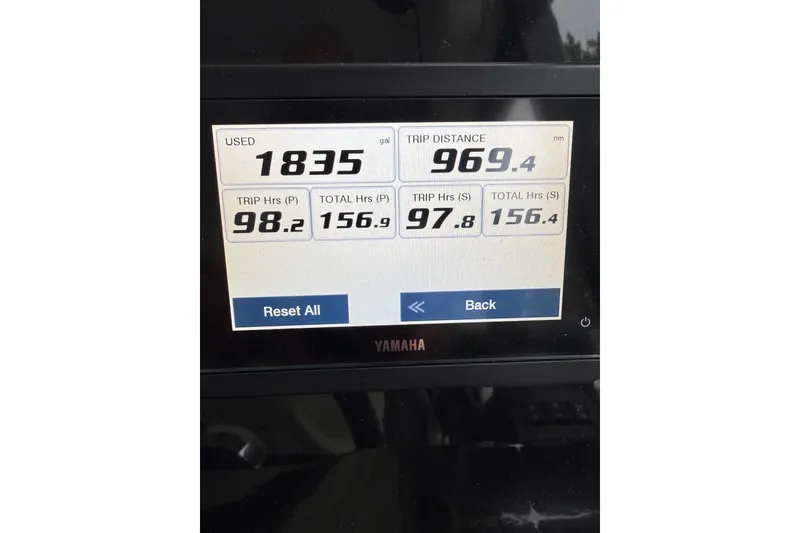 Slide: The Image of Yamaha display showing fuel usage and trip data for Jeanneau NC Weekender 1095, 2022 model. - 10