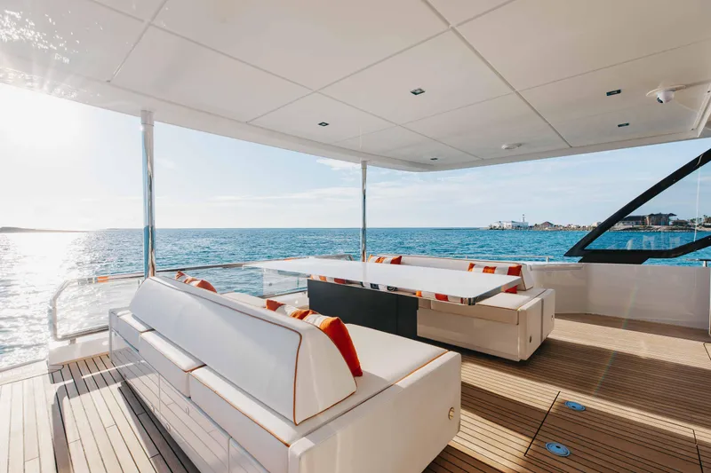 Slide: The Image of Luxurious 2020 Riva 90 Argo yacht deck with elegant seating and ocean view. - 12
