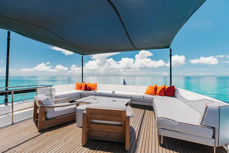Slide: The Image of Luxurious deck of 2020 Riva 90 Argo yacht with ocean view and seating. - 45