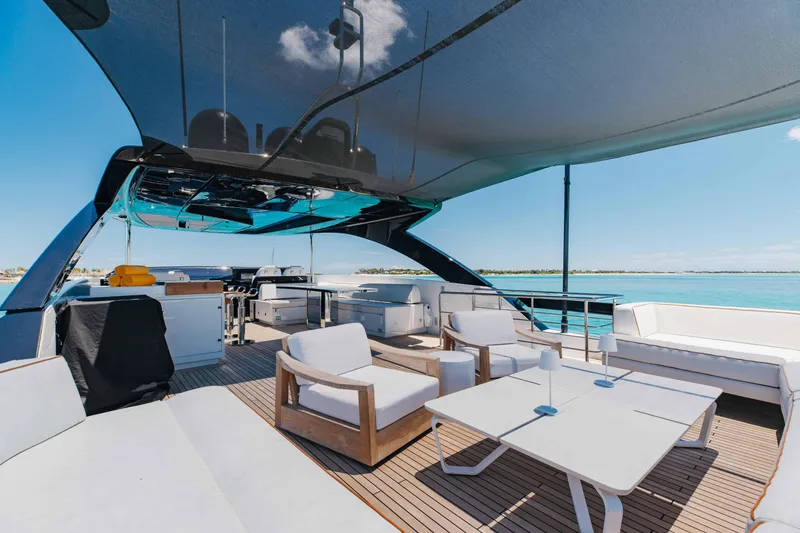 Slide: The Image of Luxurious 2020 Riva 90 Argo yacht deck with modern seating and ocean view. - 47