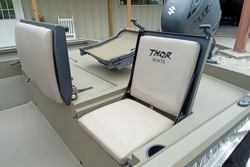Slide: The Image of Thor 1900 Lake Hammer 2026 boat seats with Suzuki motor in background. - 36