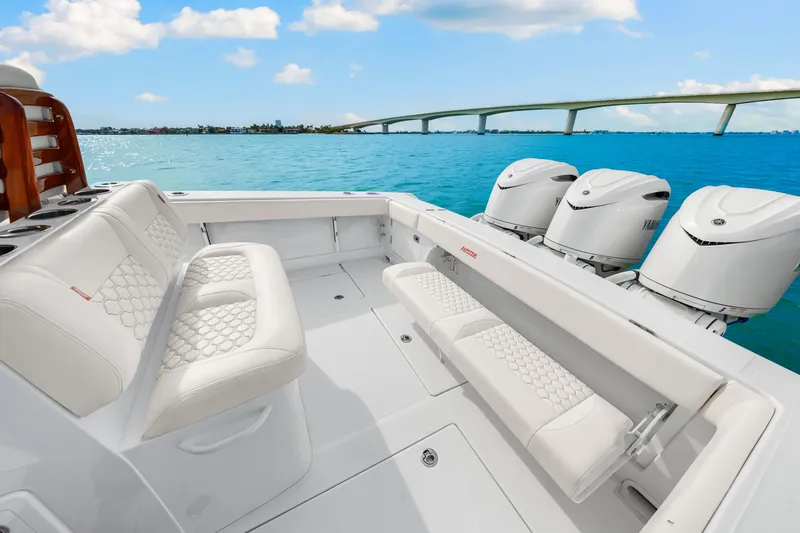 Slide: The Image of Jupiter 34 HFS 2025 Cockpit with transom seat extended - 49