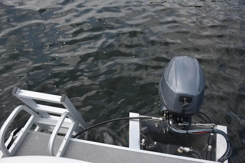 Slide: The Image of Manufacturer Provided Image: 2024 SunChaser Vista 18 LR boat motor and swim ladder on water. - 8