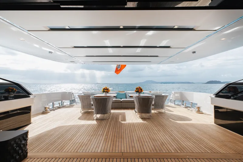 Slide: The Image of Luxurious Sanlorenzo SLA120A yacht deck with elegant seating, ocean view, and modern design, 2020 model. - 11
