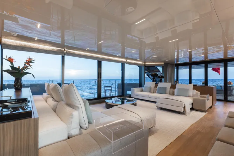 Slide: The Image of Luxurious Sanlorenzo SLA120A yacht interior with ocean view, modern furnishings, and elegant decor, 2020 model. - 14
