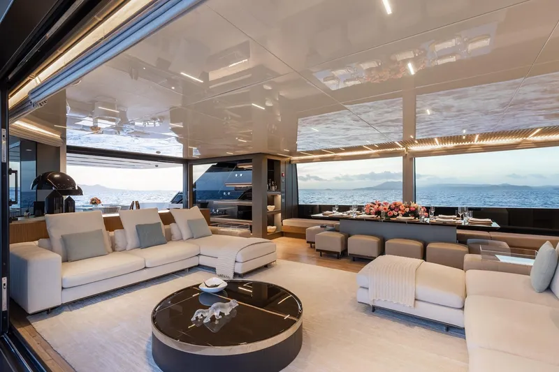 Slide: The Image of Luxurious interior of 2020 Sanlorenzo SLA120A yacht with elegant seating and ocean view. - 16