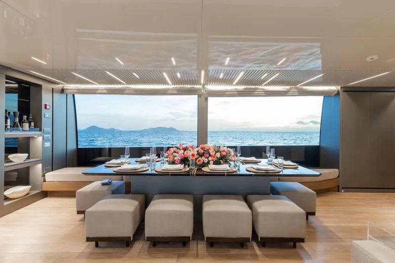 Slide: The Image of Luxurious dining area on 2020 Sanlorenzo SLA120A yacht with ocean view. - 17