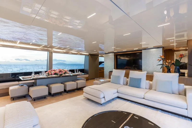Slide: The Image of Luxurious interior of 2020 Sanlorenzo SLA120A yacht with elegant seating and ocean view. - 18