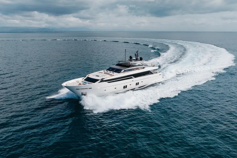 Slide: The Image of Luxurious 2020 Sanlorenzo SLA120A yacht cruising on open sea under cloudy skies. - 3