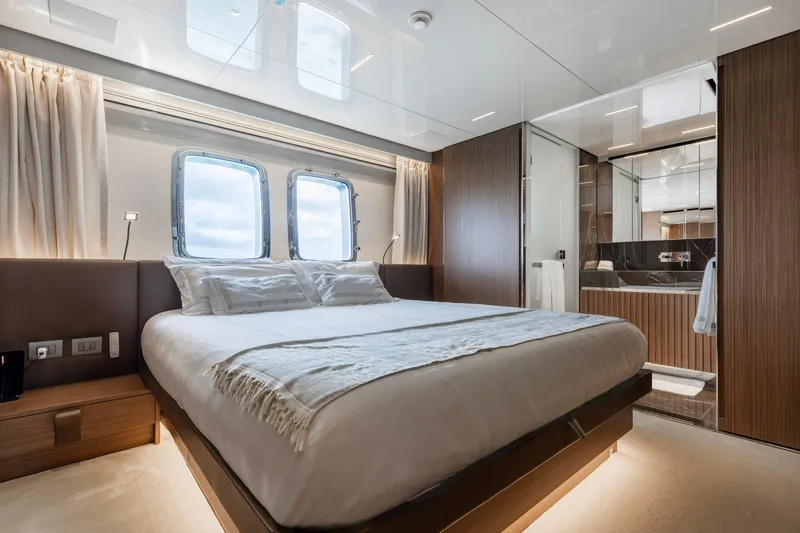 Slide: The Image of Luxurious bedroom interior of 2022 Sanlorenzo SL120A yacht with modern design and large windows. - 30