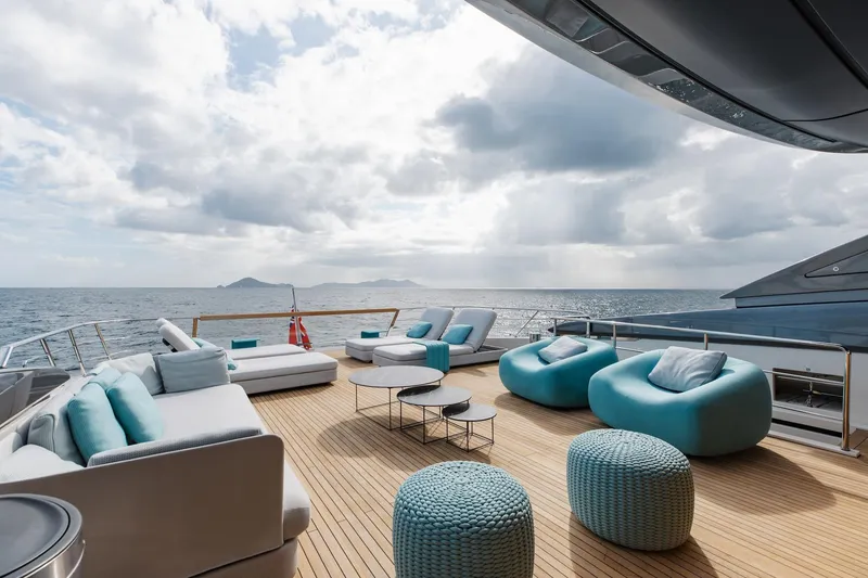 Slide: The Image of Luxurious 2020 Sanlorenzo SLA120A yacht deck with modern seating and ocean view. - 33
