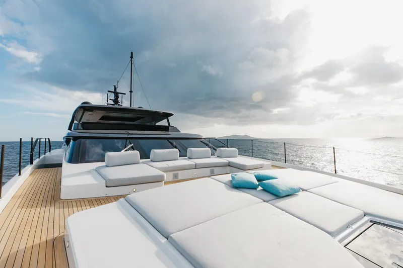 Slide: The Image of Luxurious 2020 Sanlorenzo SLA120A yacht with sun loungers on deck, ocean view. - 37